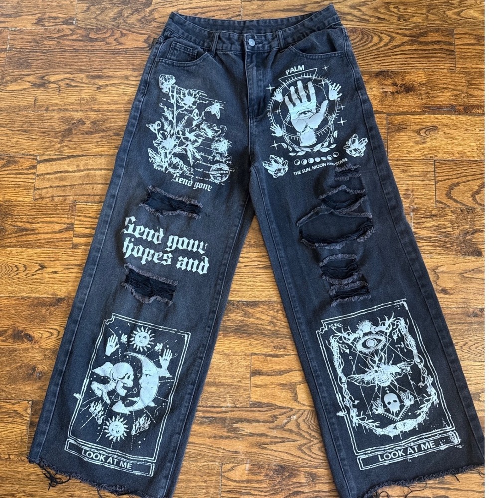 Gothic Graphic High Rise Wide Leg Jeans Black Celestial Tarot Distressed W30 Emo